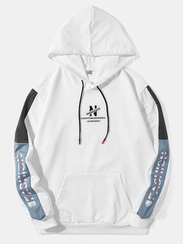 mens contrast patchwork letter pattern drawstring hooded casual two pieces outfits