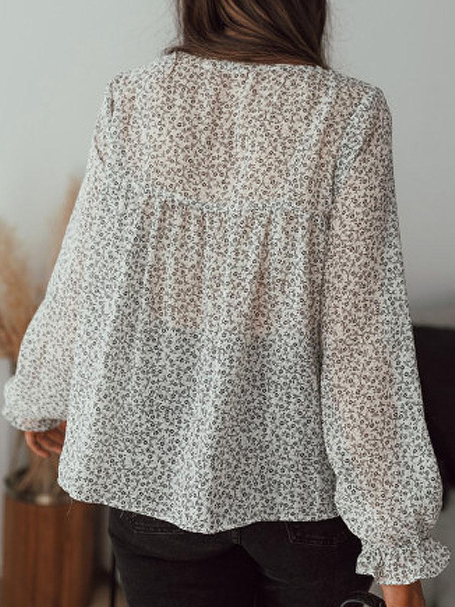 Floral Print Long Sleeve V-neck Blouse