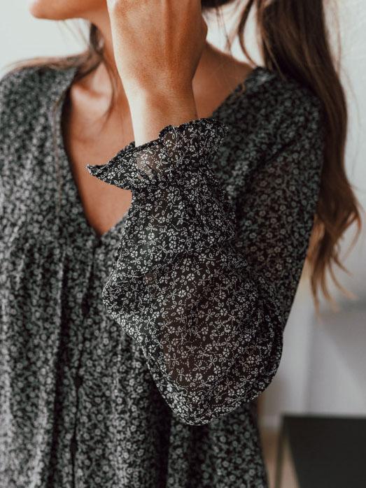 Floral Print Long Sleeve V-neck Blouse
