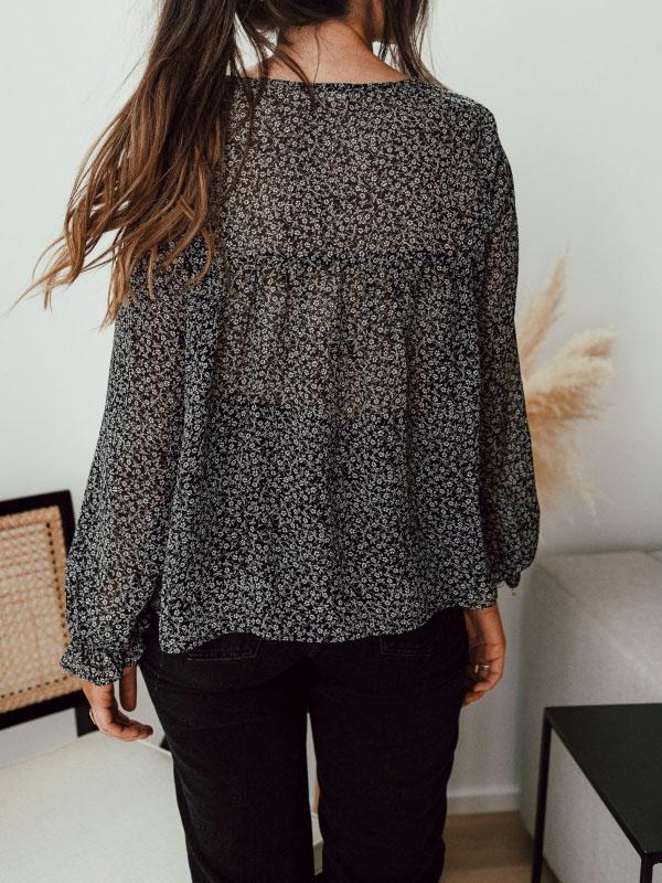 Floral Print Long Sleeve V-neck Blouse