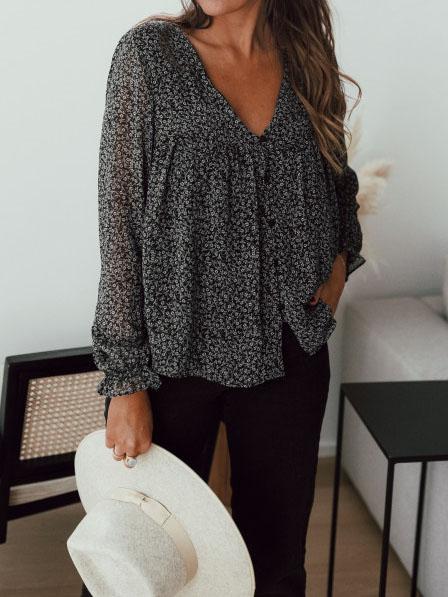 Floral Print Long Sleeve V-neck Blouse