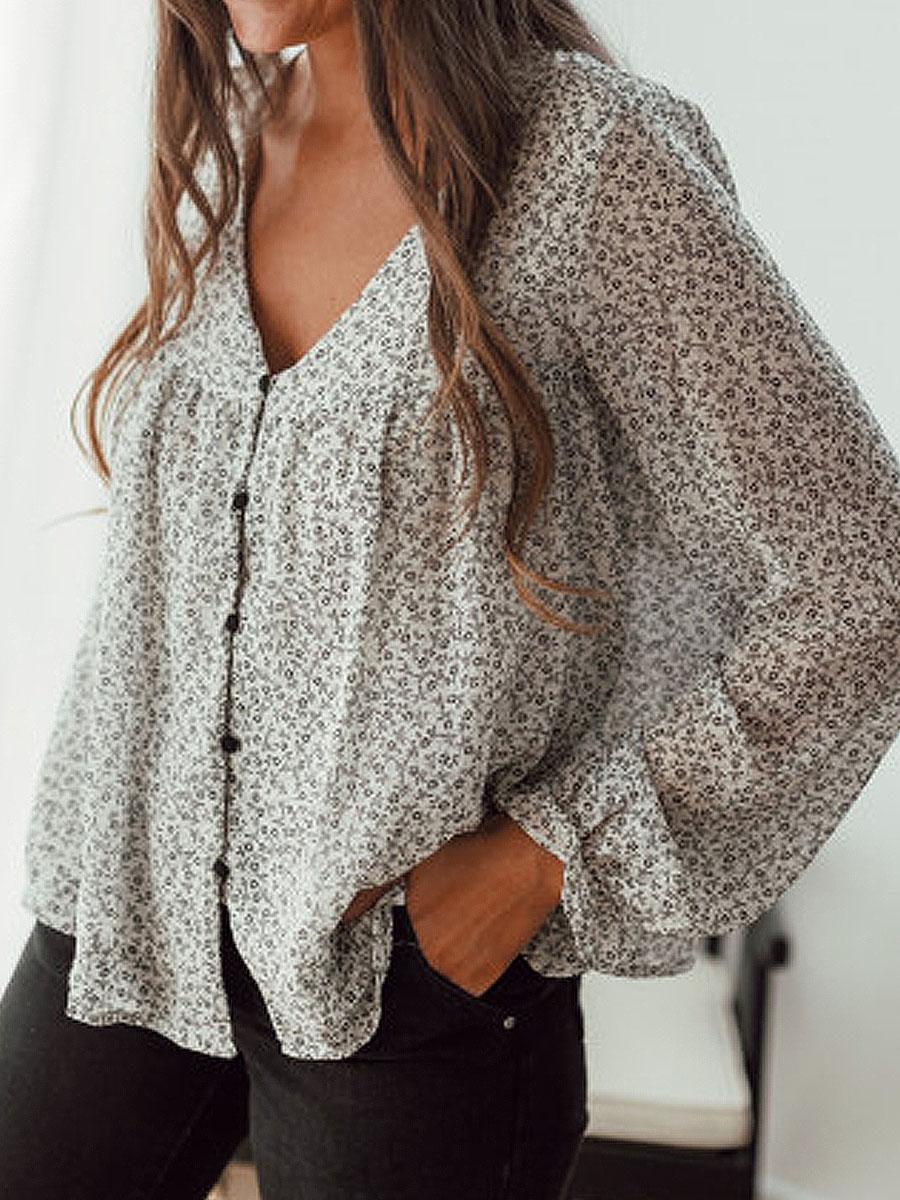 Floral Print Long Sleeve V-neck Blouse