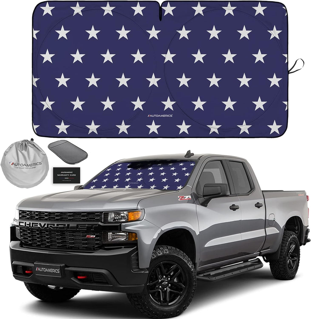 Autoamerics 1-Piece Windshield Sun Shade American Stars Flag USA Patriotic  - Foldable Car Front Window Sunshade for Sedans SUV Truck - Blocks Max UV Rays and Keeps Your Vehicle Cool - Large