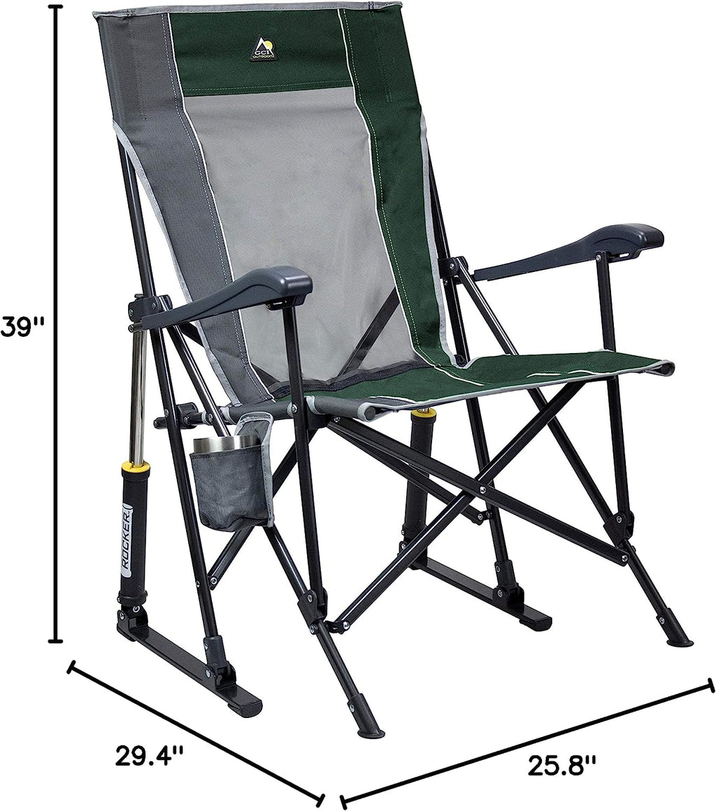 GCI Outdoor Roadtrip Rocker Collapsible Rocking Chair &amp; Outdoor Camping Chair, Green/Grey