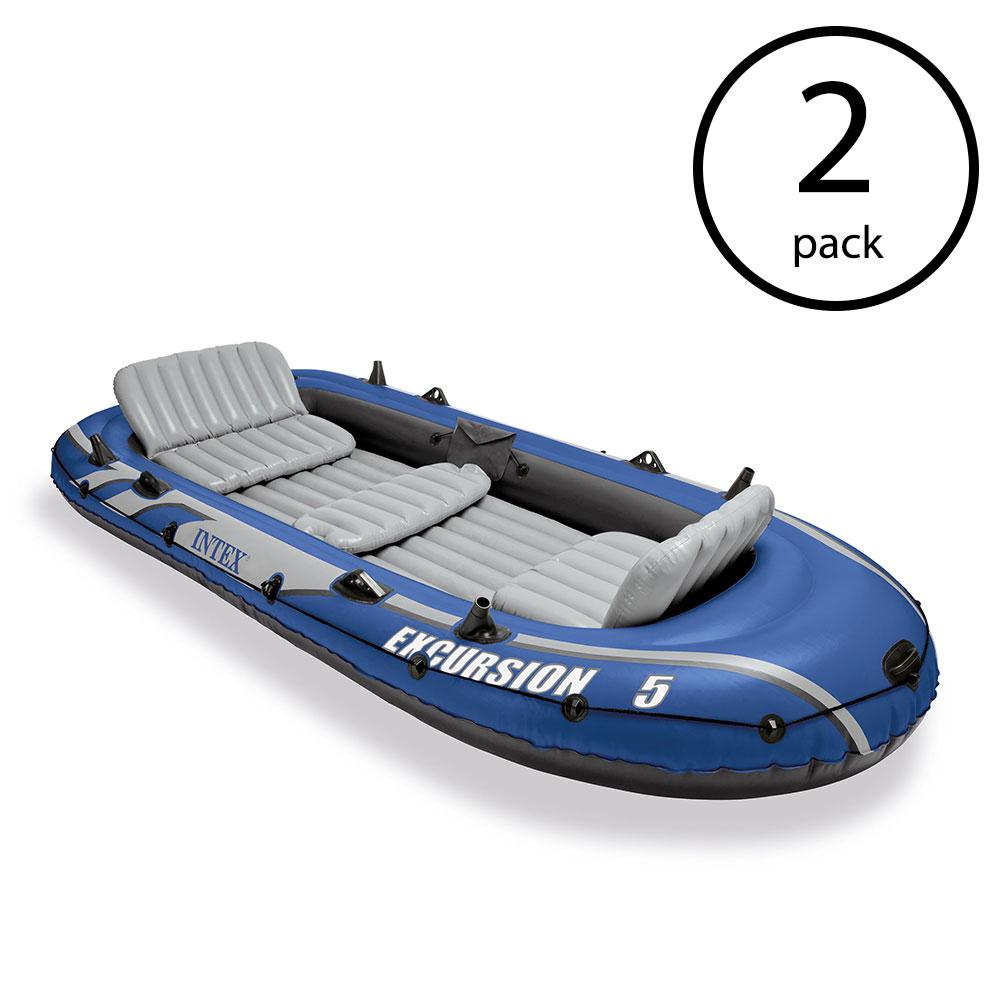 Excursion 5 Person Inflatable Boat Set w/ 2 Oars, Air Pump &amp; Bag (2 Pack)