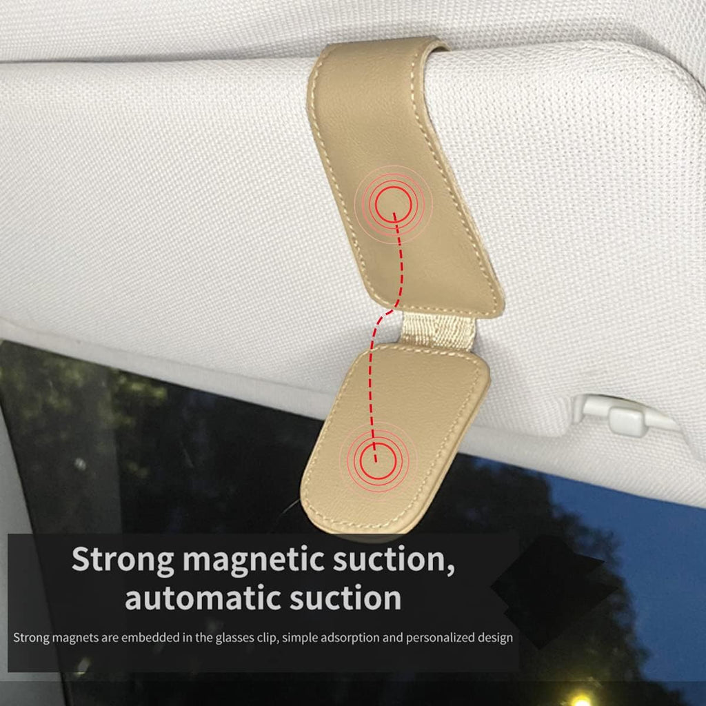 CHOSMOYI Magnetic Leather Sunglass Holder for Car, Sunglasses Clip for Car Visor, Auto Interior Accessories Universal for Different Size Eyeglasses (Beige)