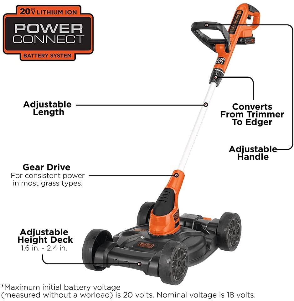 BLACK+DECKER 3-in-1 Lawn Mower, String Trimmer and Edger, 12-Inch, Cordless (MTC220)
