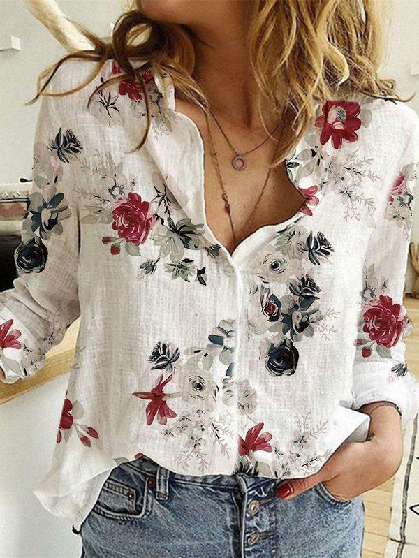 Casual Floral Print Lapel Long-Sleeved Shirt