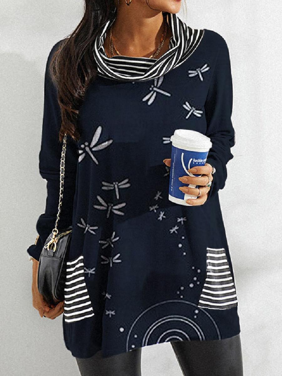 Casual Loose Print Long-Sleeved Striped Pile Collar T-Shirt