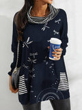 Casual Loose Print Long-Sleeved Striped Pile Collar T-Shirt