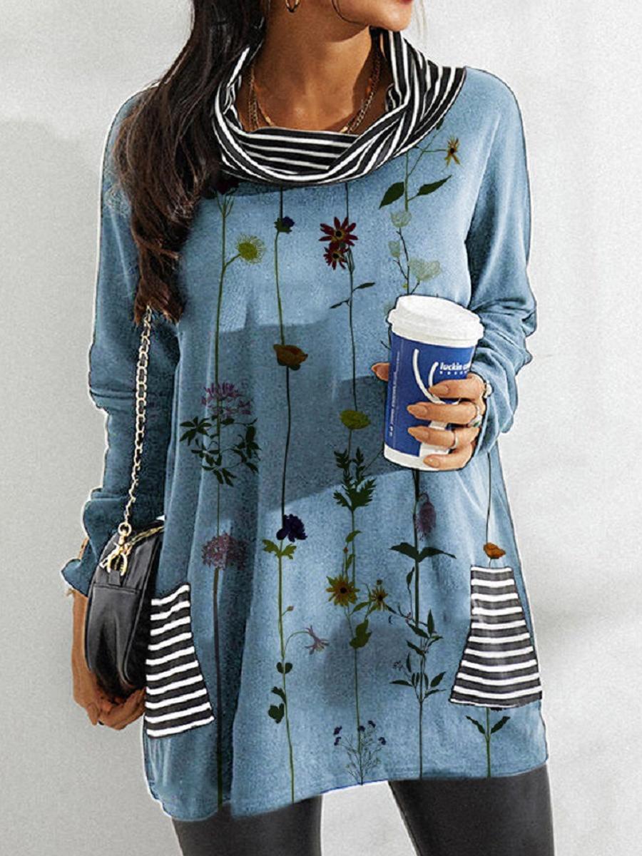 Casual Loose Print Long-Sleeved Striped Pile Collar T-Shirt
