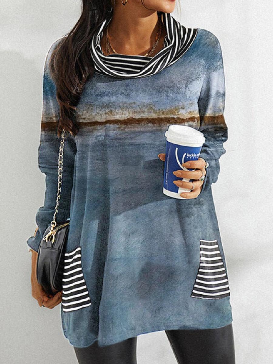 Casual Loose Print Long-Sleeved Striped Pile Collar T-Shirt