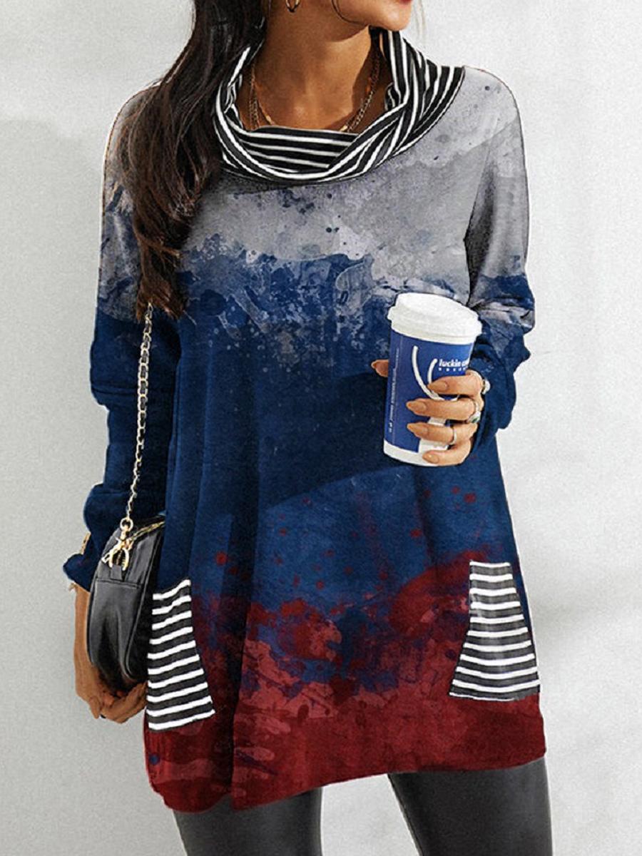 Casual Loose Print Long-Sleeved Striped Pile Collar T-Shirt