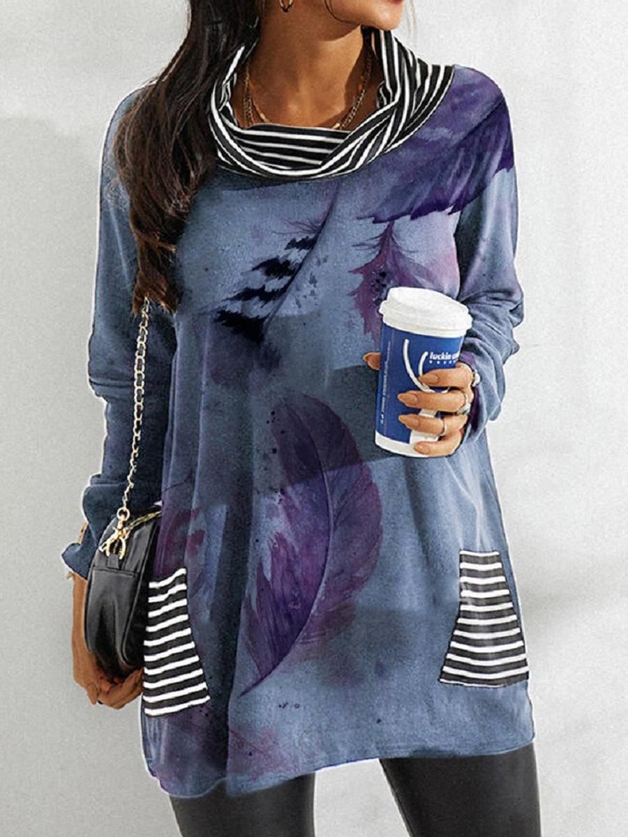 Casual Loose Print Long-Sleeved Striped Pile Collar T-Shirt