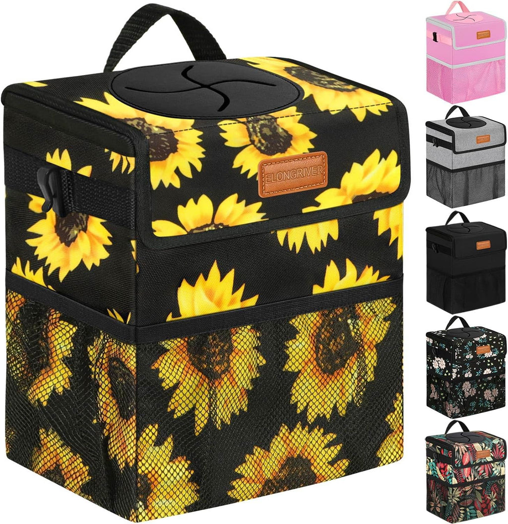 ELONGRIVER Car Trash Can Bin for Car Back Seat Leak Proof, Cute Car Trash Bag Hanging, Vehicle Trash Can for SUV Truck Van, Automotive Car Garbage Cans Front Seat Sunflower