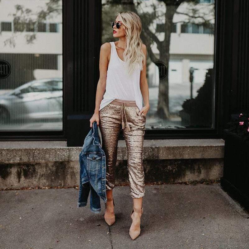 appliques glitter skinny pants