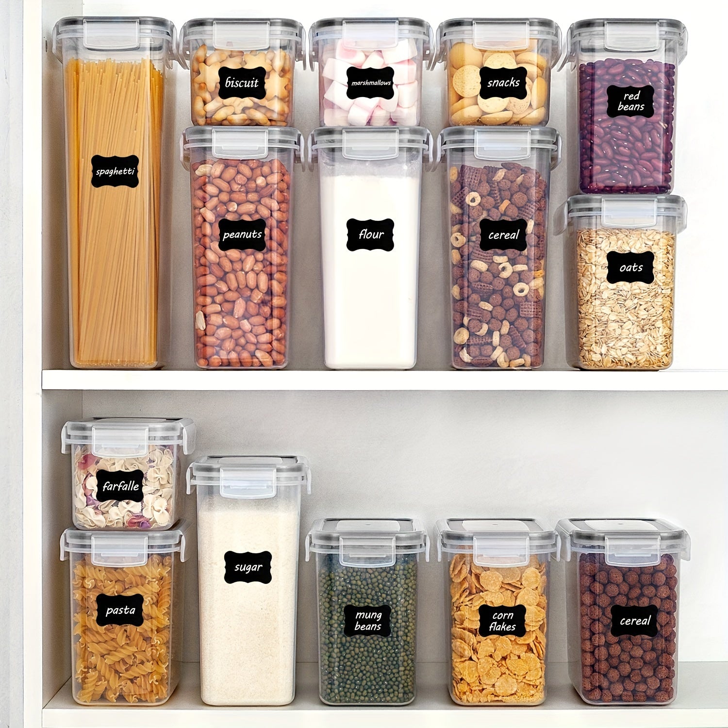 7pcs Airtight Food StoraContainers: BPA Plastic Canisters For Spaghetti, Dry Food, Flour &amp; Sugar - Includes Labels!