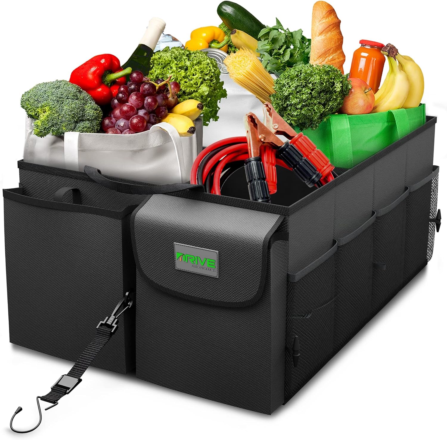 DRIVE AUTO PRODUCTS - Compact Black Car Trunk Organizer with Adjustable Straps