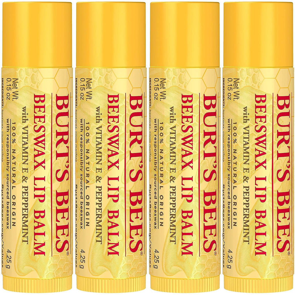 Burt's Bees Lip Balm, Moisturizing Lip Care, for All Day Hydration, 100% Natural, Original Beeswax with Vitamin E &amp; Peppermint Oil (4 Pack)