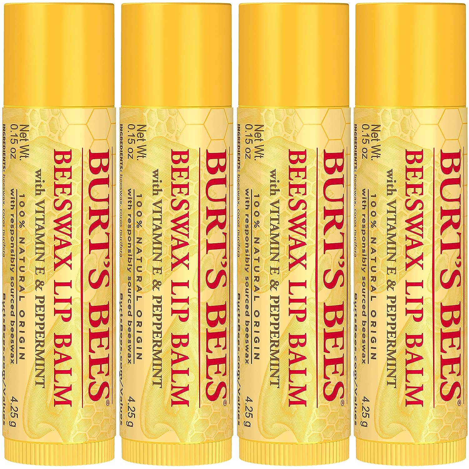 Burt's Bees Lip Balm, Moisturizing Lip Care, for All Day Hydration, 100% Natural, Original Beeswax with Vitamin E &amp; Peppermint Oil (4 Pack)