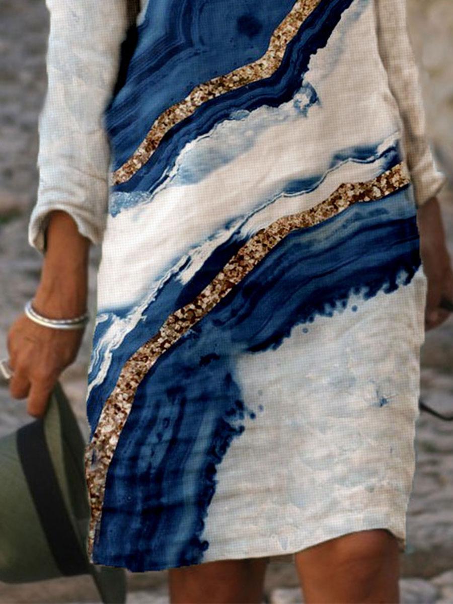 Colorblock Printed Long Sleeve Casual V-neck Shift Dress