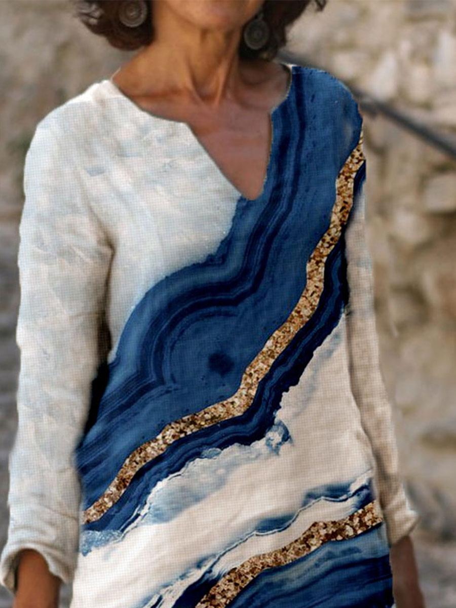 Colorblock Printed Long Sleeve Casual V-neck Shift Dress
