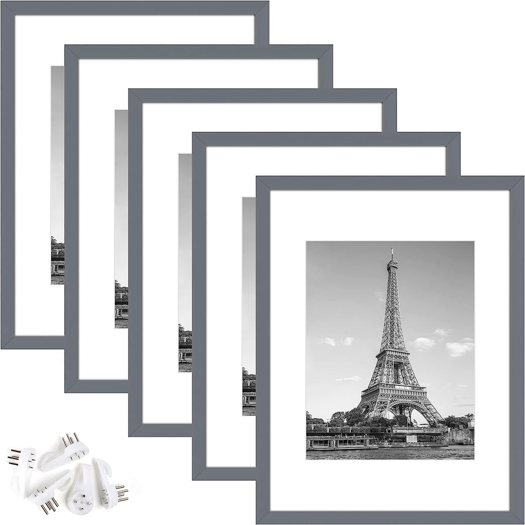 upsimples 12x16 Picture Frame Set of 5, Display Pictures 8.5x11 with Mat or 12x16 Without Mat, Wall Gallery Photo Frames, Dark Gray