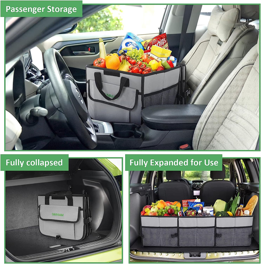 Simniam Car Trunk Organizer with Insulated Grocery Bag- 92L High Capacity Car Storage Box, with 4 Compartments, Reflective Strip, Cover, for Auto, SUV, Truck, Minivan