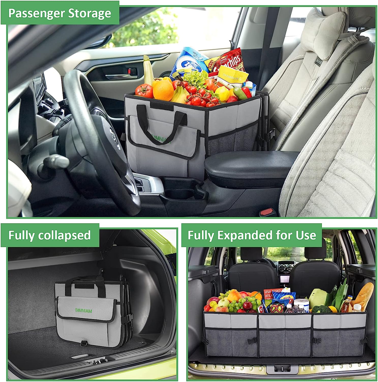 Simniam Car Trunk Organizer with Insulated Grocery Bag- 92L High Capacity Car Storage Box, with 4 Compartments, Reflective Strip, Cover, for Auto, SUV, Truck, Minivan