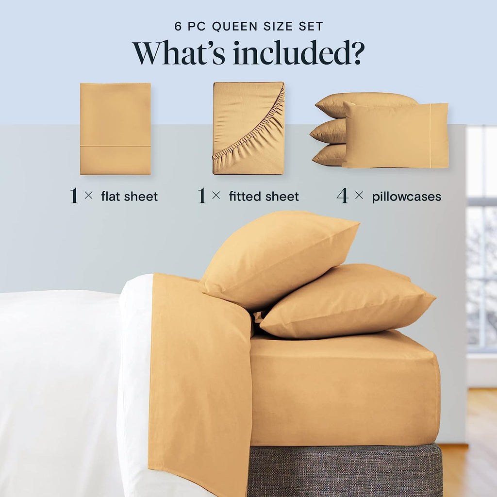 LuxClub 6 PC California King Size Sheet Set Bamboo Sheets Deep Pockets 18" Eco Friendly Wrinkle Free Cooling Sheets Machine Washable Hotel Bedding Silky Soft - Gold California King