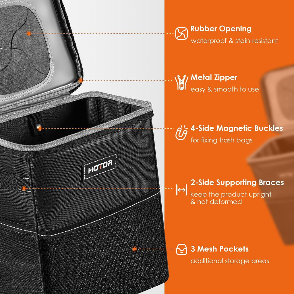 HOTOR Car Trash Can - 2 Pack, Optimal Car Accessories for Interior, Leakproof Car Organizers and Storage Bin for Front &amp; Rear Seats, Car Organizer with Adjustable Straps, Magnetic Snaps,Black