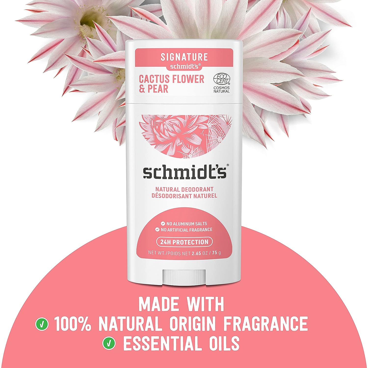 Schmidt's 100% Natural Origin Ingredient Deodorant Stick Cactus Flower &amp; Pear 2 Count for 24-Hour Odor Protection 2.65 oz