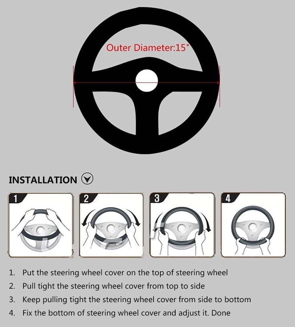 Valleycomfy Steering Wheel Covers Universal 15 inch - Genuine Leather, Breathable, Anti Slip &amp; Odor (White Line, M(14" 1/2-15" 1/4))