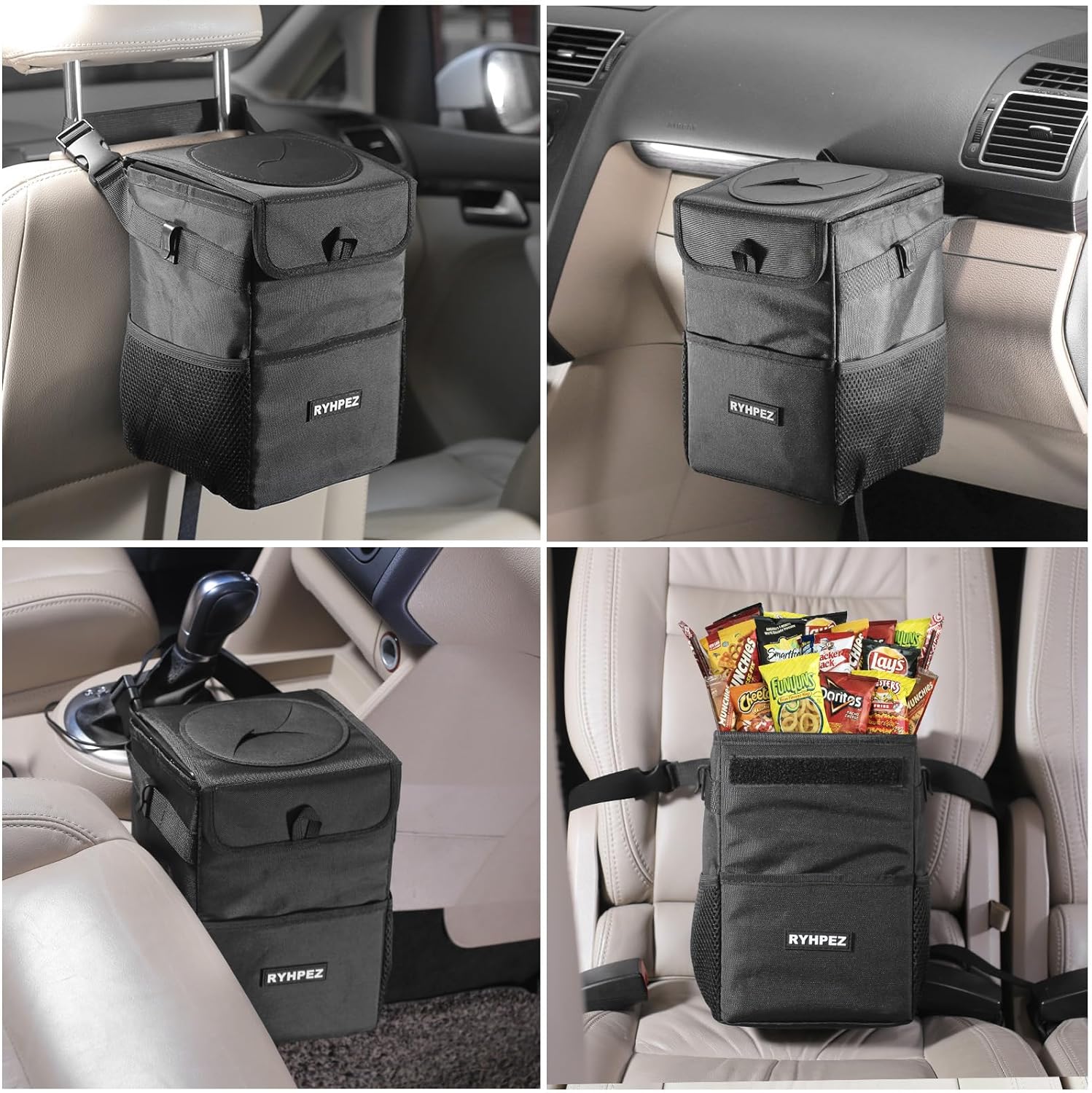 Ryhpez Car Trash Can with Lid - Car Trash Bag Hanging with Storage Pockets Collapsible and Portable Car Garbage Bin