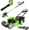 Greenworks 40V 21" Brushless (Smart Pace) Self-Propelled Lawn Mower, 2 x 4Ah USB Batteries & Charger Included + 40V (120 MPH) Axial Leaf Blower + 40V 12" Cordless String Trimmer, Battery Not Included