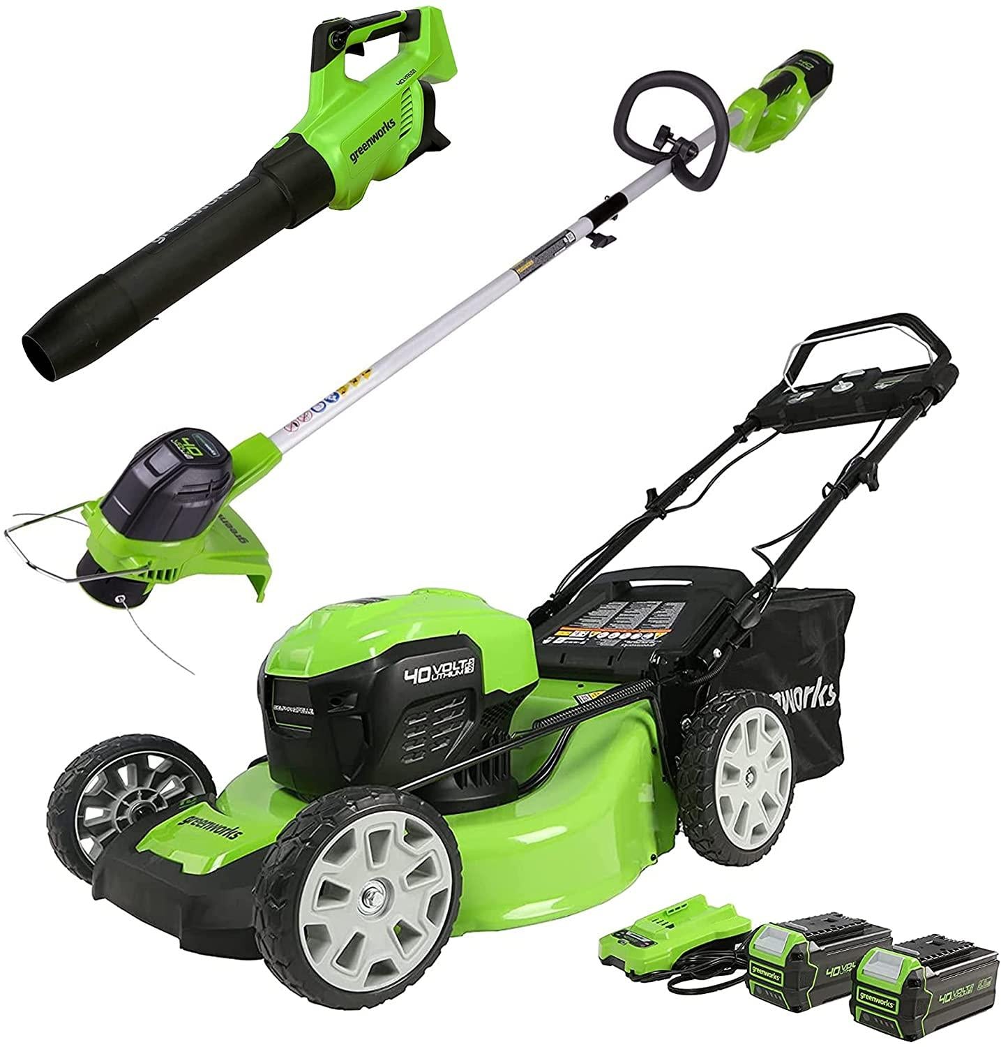 Greenworks 40V 21" Brushless (Smart Pace) Self-Propelled Lawn Mower, 2 x 4Ah USB Batteries & Charger Included + 40V (120 MPH) Axial Leaf Blower + 40V 12" Cordless String Trimmer, Battery Not Included