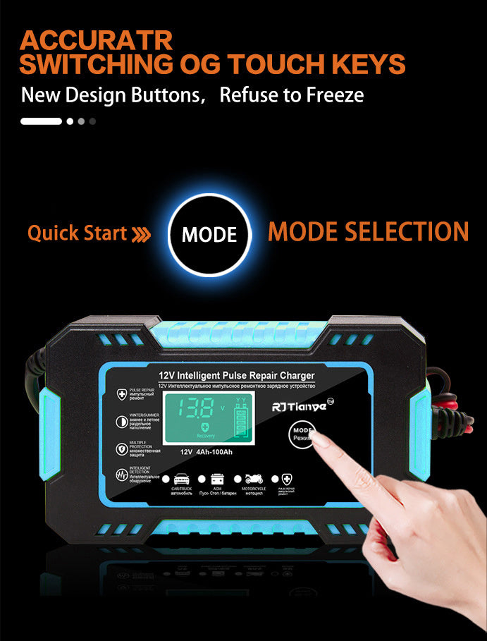 Full Car Motorcycle Battery Charger 12V 6A Auto Pulse Repair LCD Display Smart Fast CharAGM Deep Cycle GEL Lead-Acid Charger