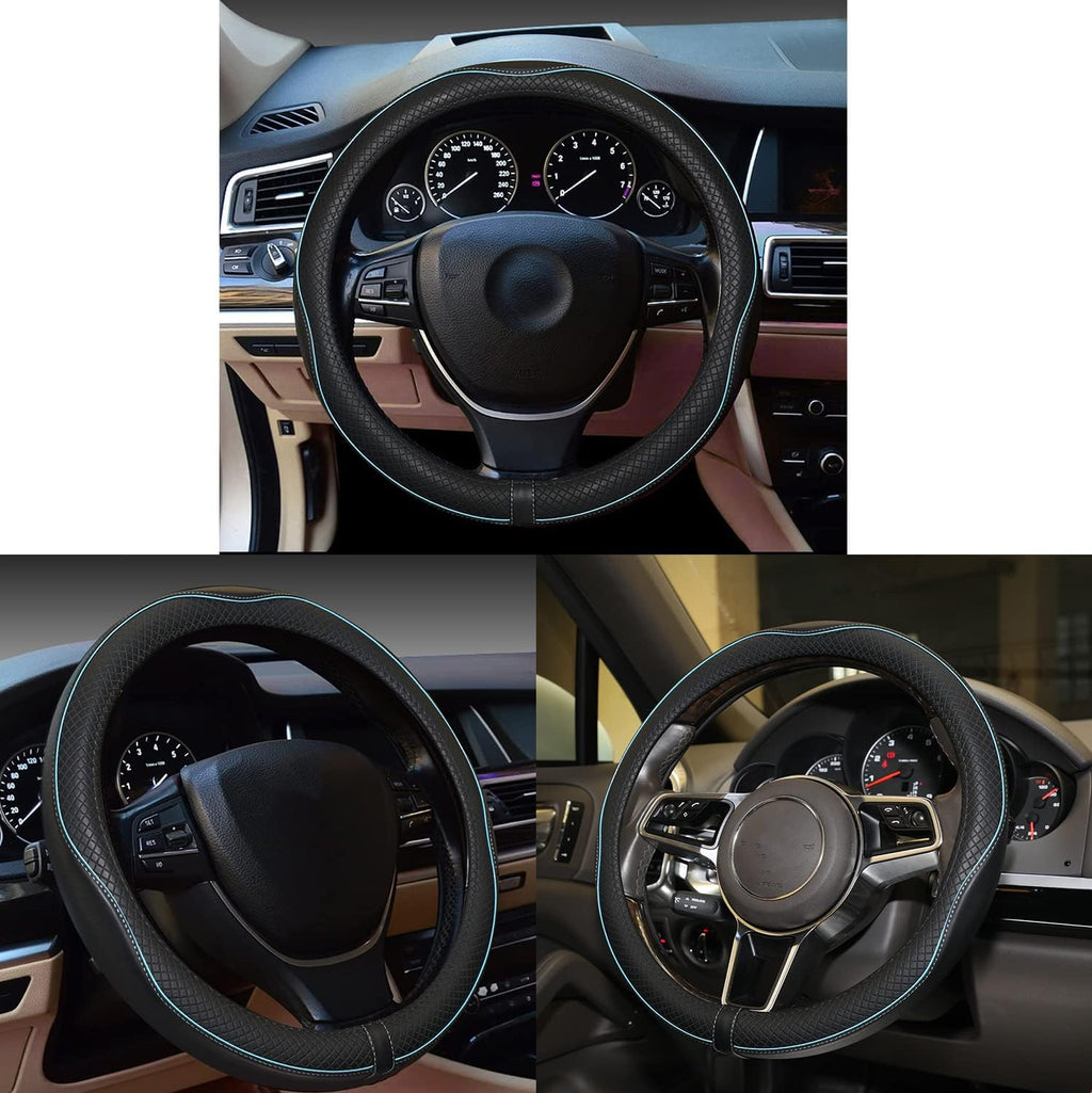 Car Steering Wheel Cover,Anti-Slip, Safety, Soft, Breathable,Heavy Duty, Thick,Full Surround,Sports Style (Black with Light Blue Line)