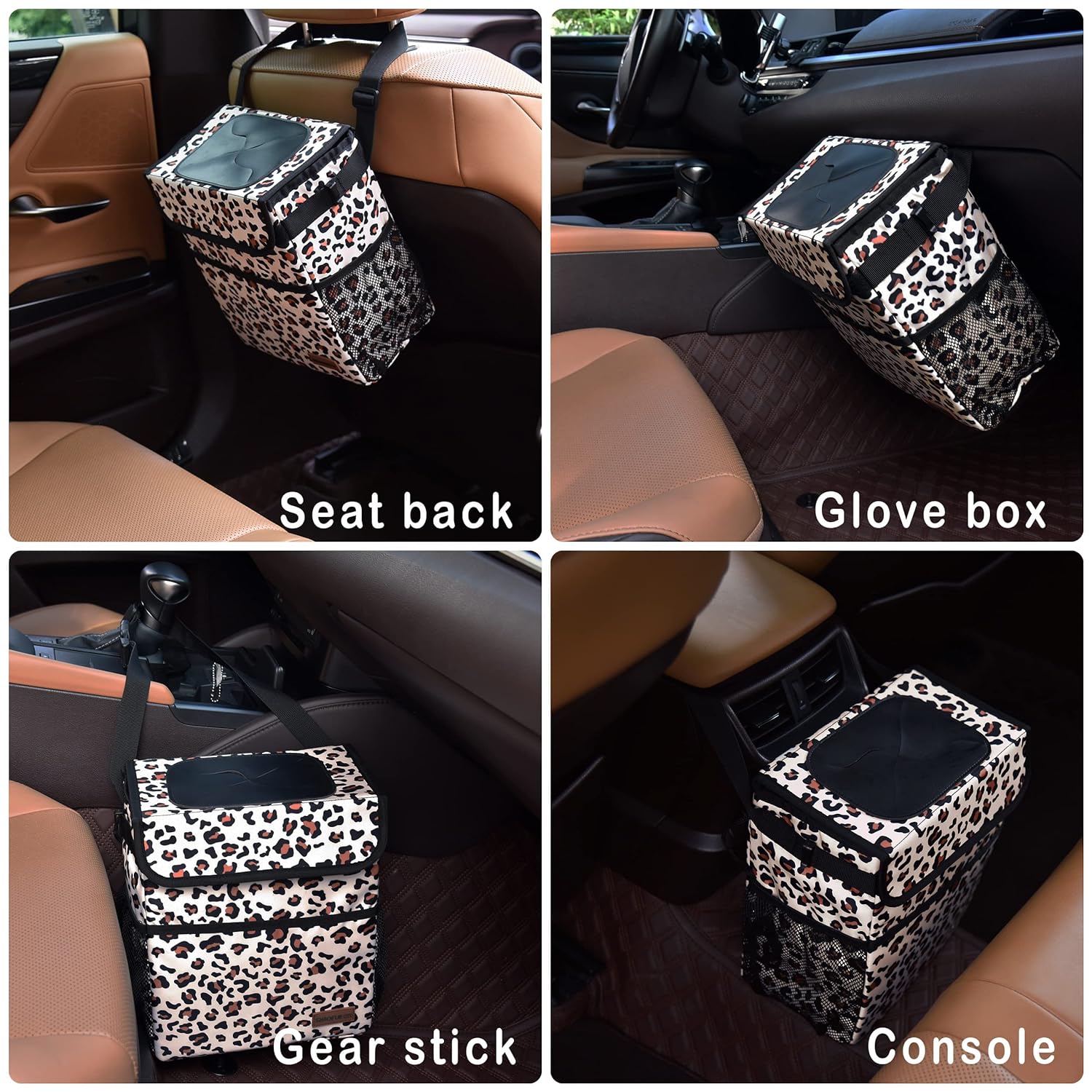 SIBOFUEGO Cute Car Trash Can with Lid - Leak Proof Car Trash Bag Hanging Waterproof Car Garbage Can with Storage Pockets Multipurpose Collapsible Car Organizer (Leopard Print)