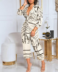 Letter Print Collared Plunging Neck Tie Front Ruched Jumpsuit