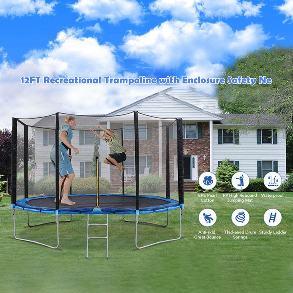 Sokhug 12ft Round Kids Trampoline  with Enclosure Net,600LB Weight Limit,Backyard Trampolines with Non-Slip Ladder,Blue