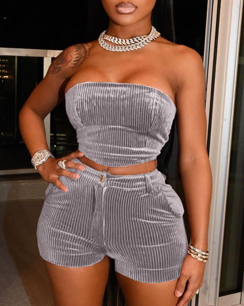 Corduroy Bandeau Crop Top &amp; Pocket Design Shorts Set