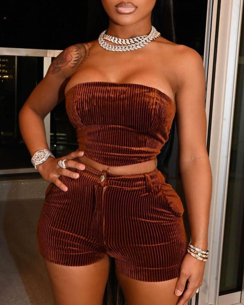 Corduroy Bandeau Crop Top &amp; Pocket Design Shorts Set