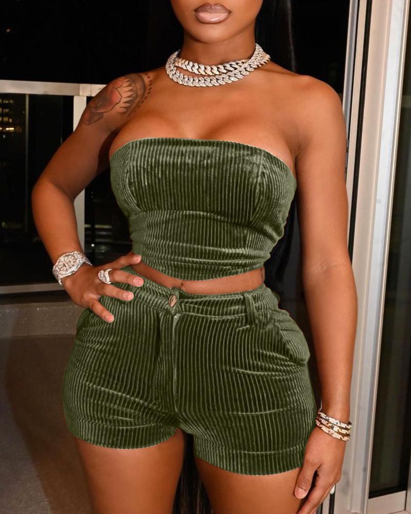 Corduroy Bandeau Crop Top &amp; Pocket Design Shorts Set