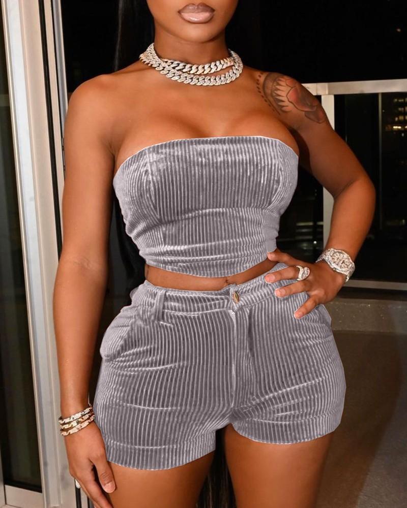Corduroy Bandeau Crop Top &amp; Pocket Design Shorts Set