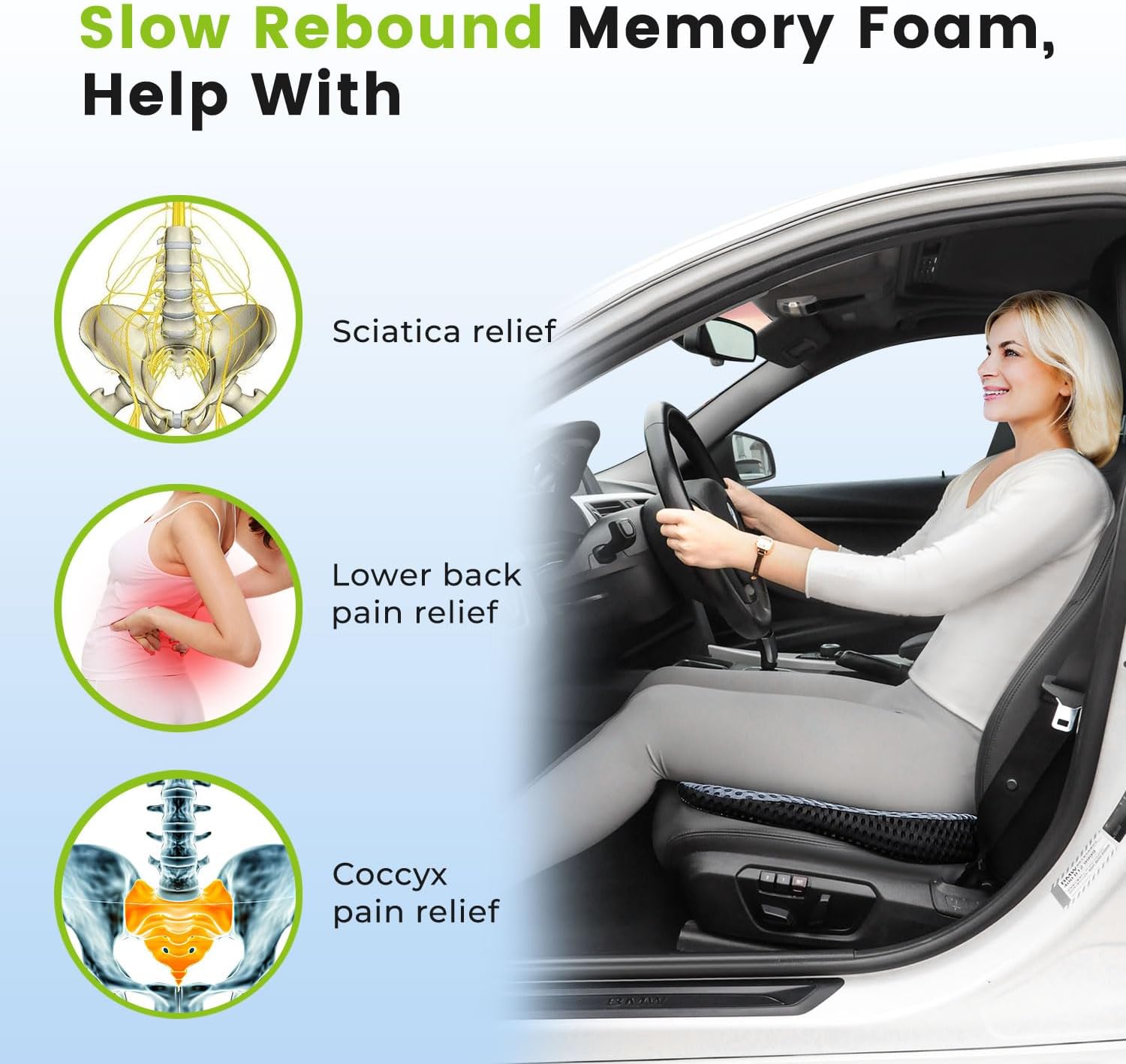 Car Seat Covers Front Seats Only - Wedge Shape Universal Car Seat Cover Improve Vision/Posture - Memory Foam Seat Cushion for Tailbone Pain Relief (Mesh Cover,Gray)