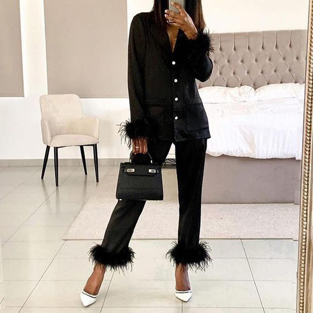 Feather Deatails Pajamas Elegant Suit