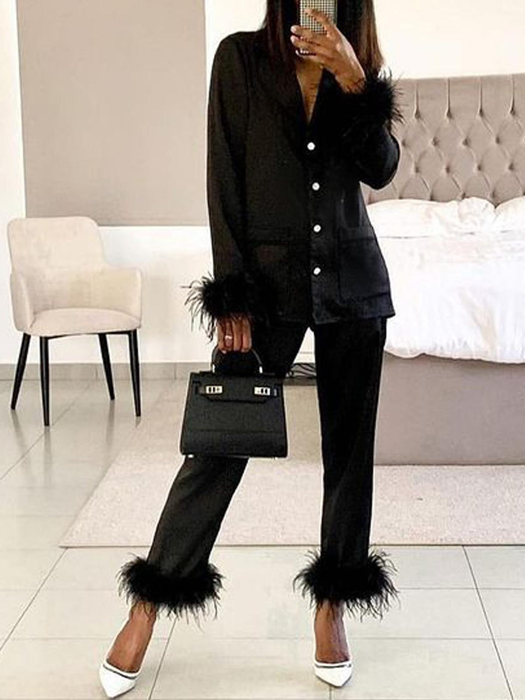 Feather Deatails Pajamas Elegant Suit