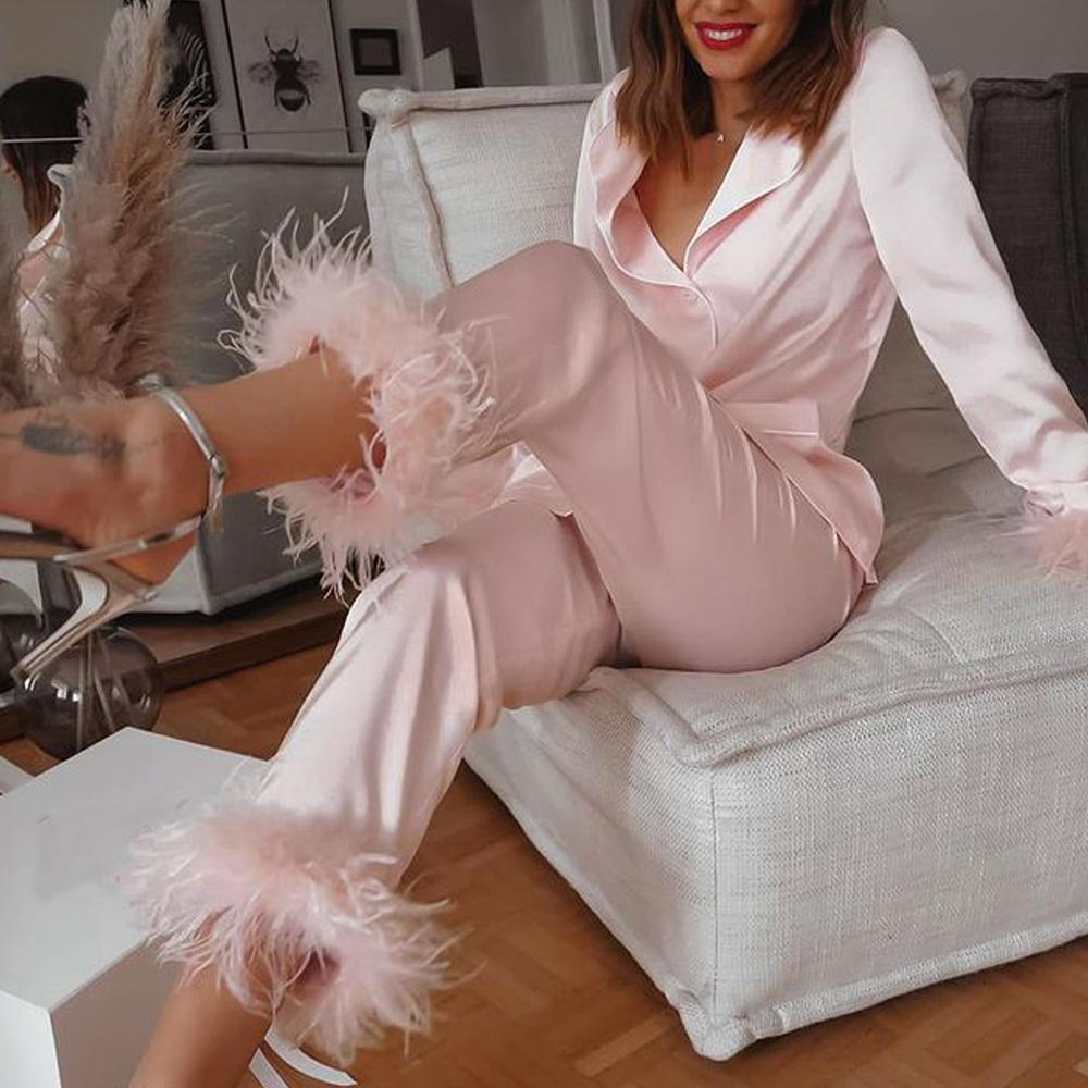 Feather Deatails Pajamas Elegant Suit
