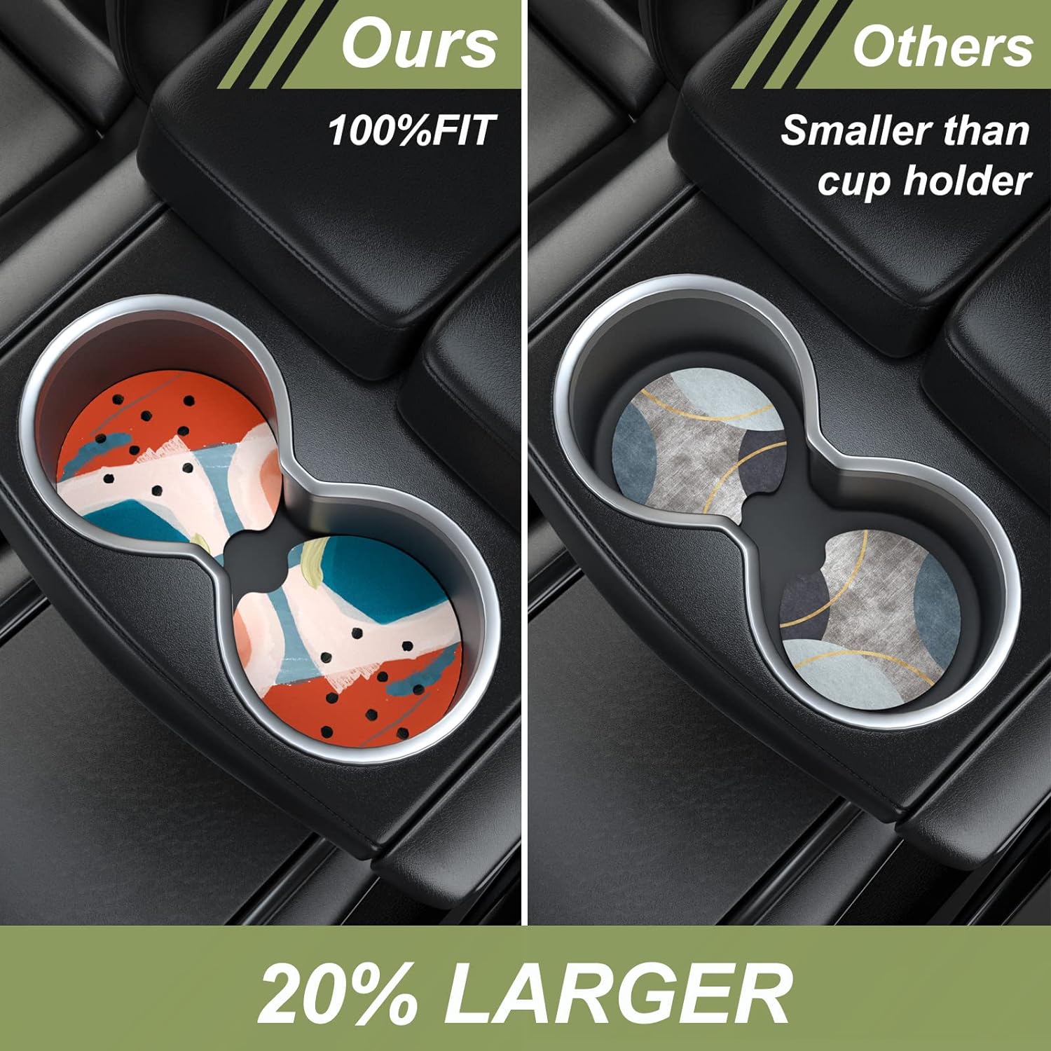 Nipichsha Car Cup Holder Coasters, Car Coasters for Cup Holders, 2 Pack Anti Slip Insert Coasters, Rubber Car Cup Mat with A Finger Notch, Cute Car Interior Accessories for Women Men (Morandi Art)